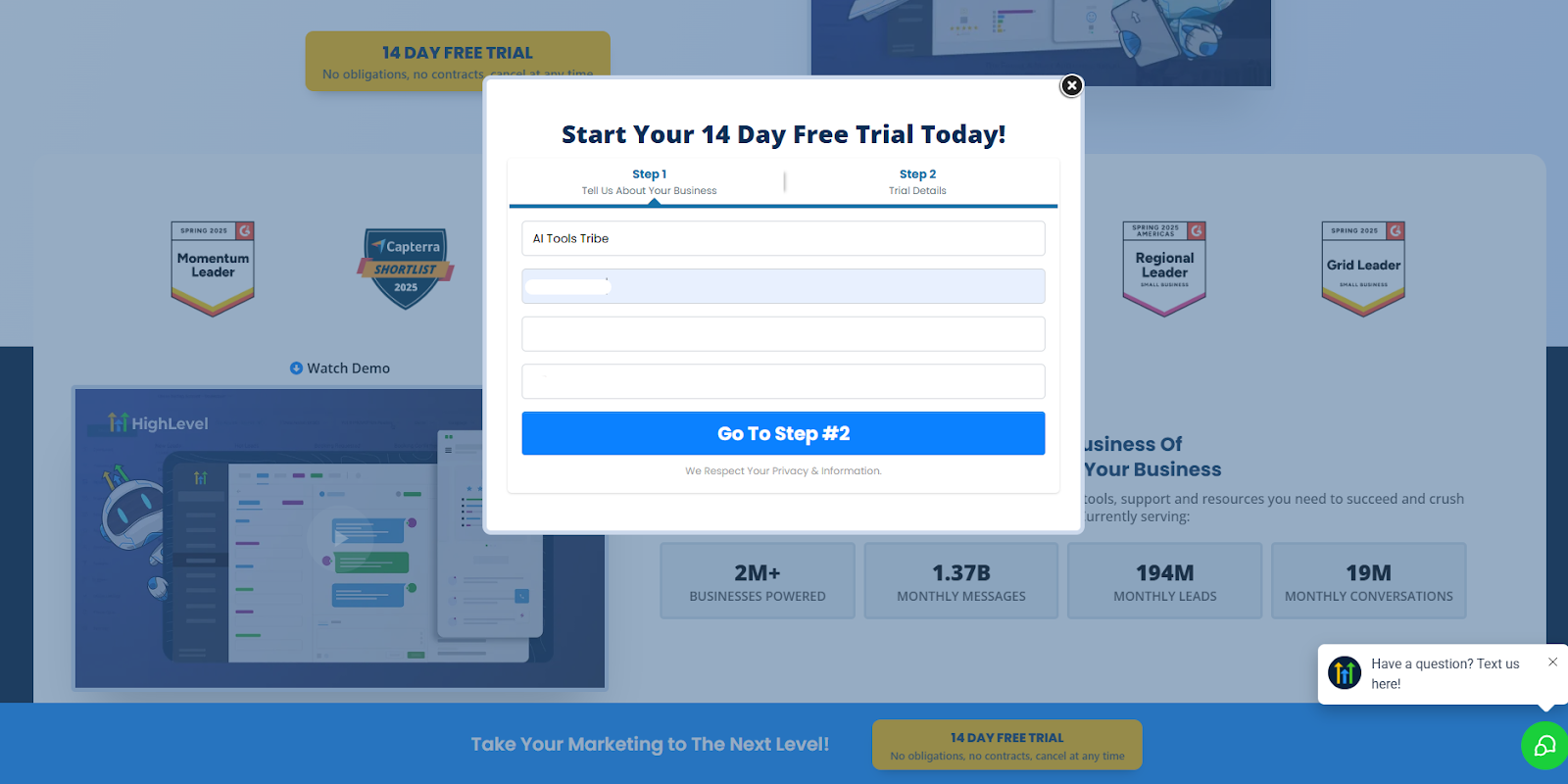 GoHighLevel Step 1 sign-up form for starting a 14-day free trial.