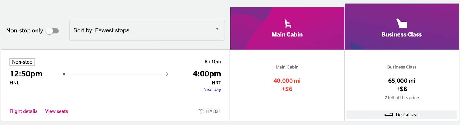 business class flight on Hawaiian