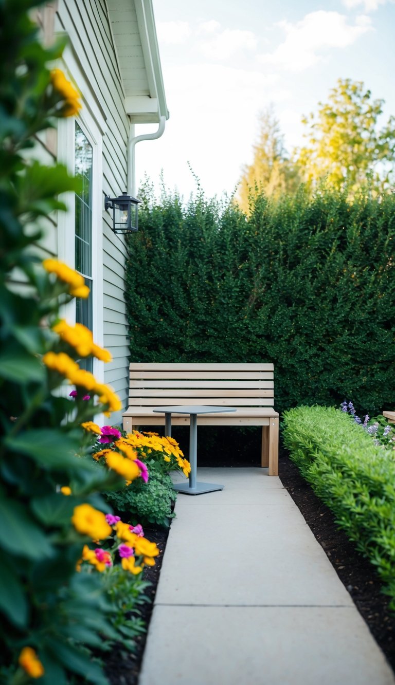 A small seating area nestled against the side of a house, surrounded by lush landscaping and colorful flowers. A simple wooden bench and a small table create a cozy and inviting space for relaxation