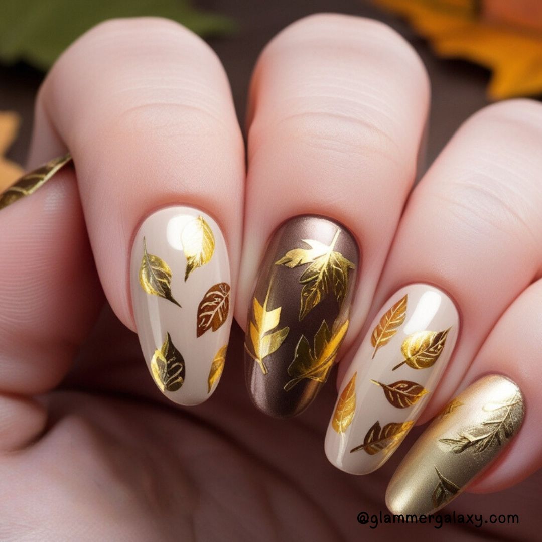 Bold Fall Nail Art Designs Having Golden Leaves Nail Design
