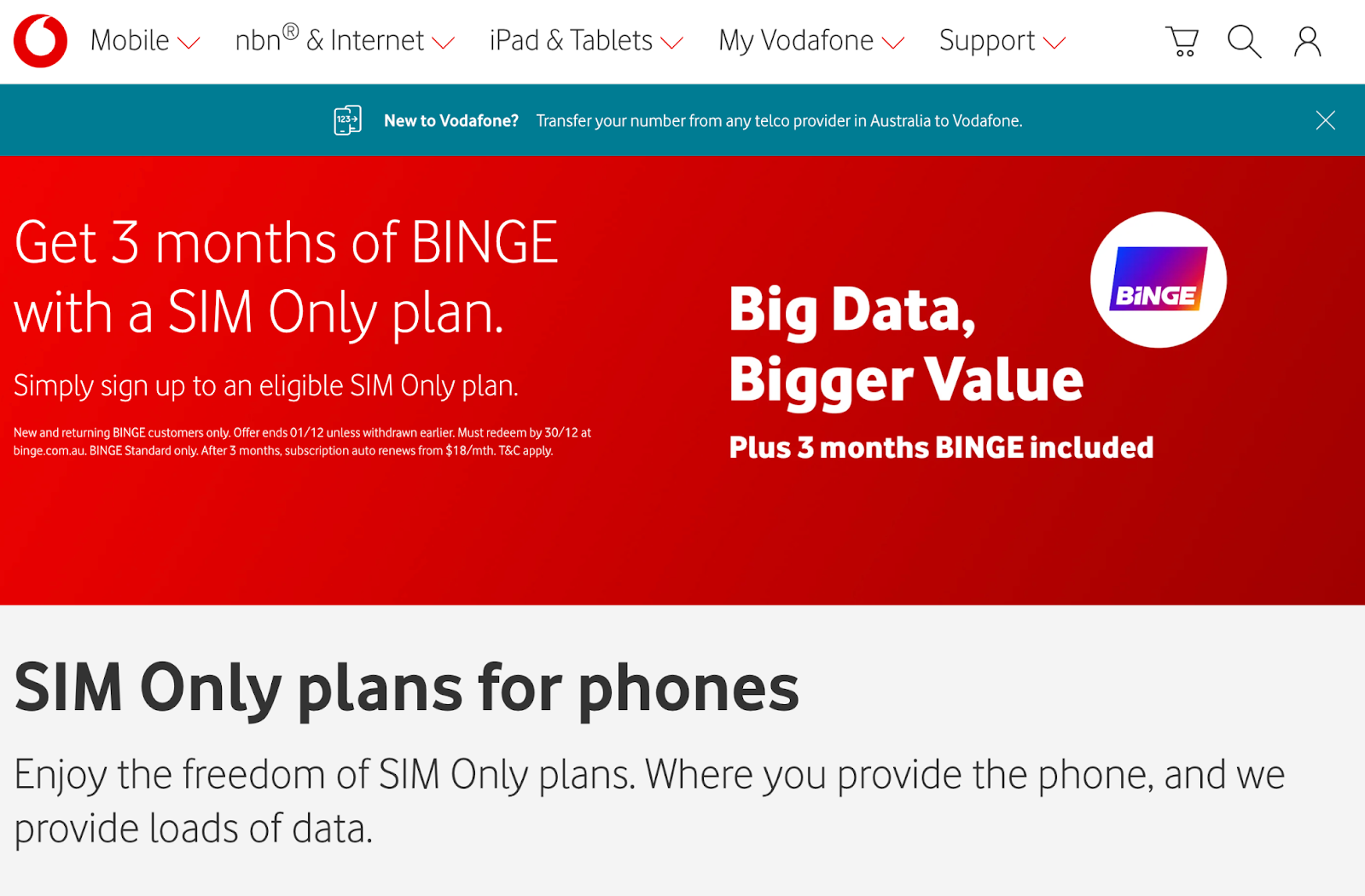 Vodafone’s Australia homepage for SIM-only plans