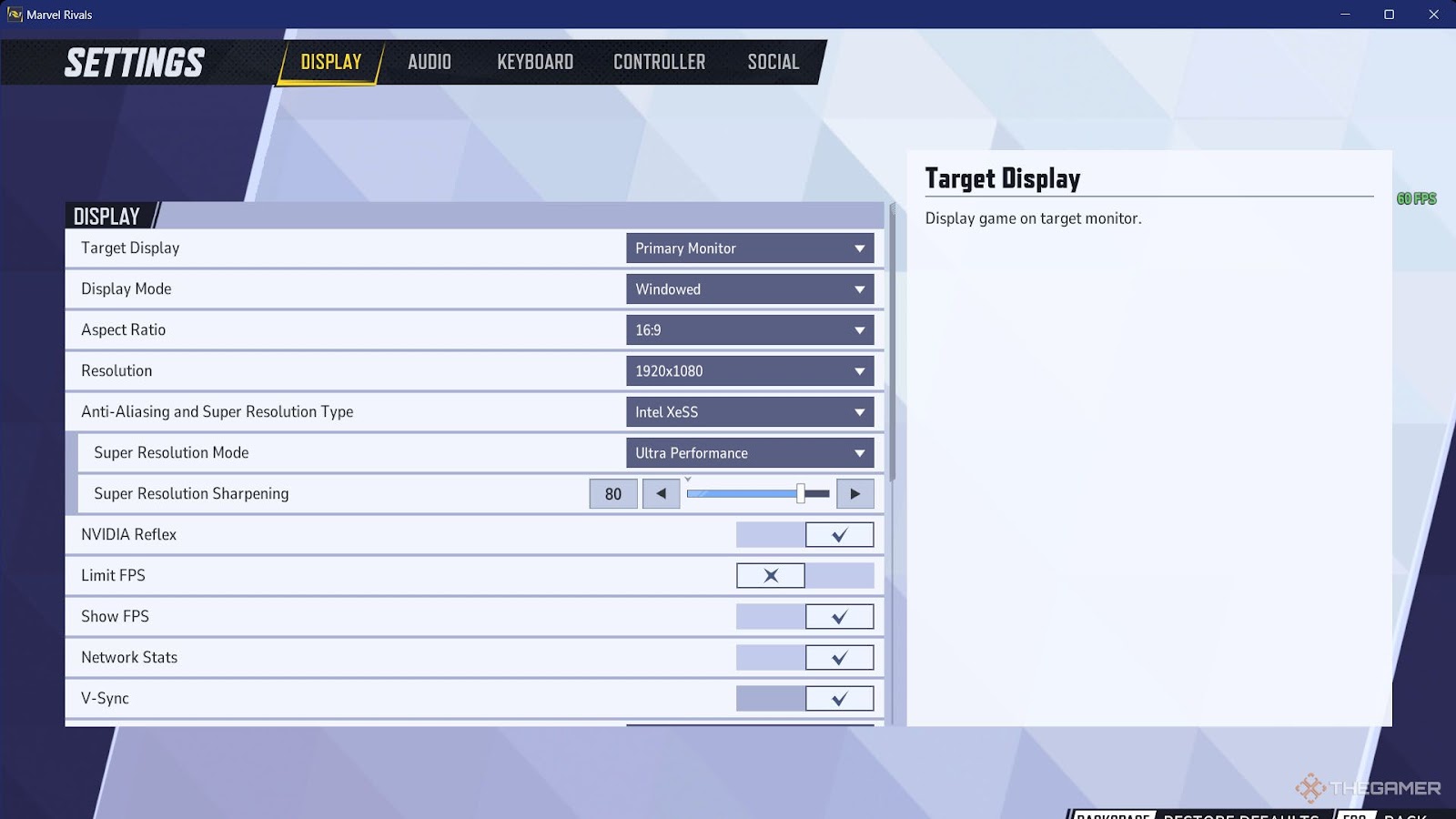 The Display Settings menu from Marvel Rivals.