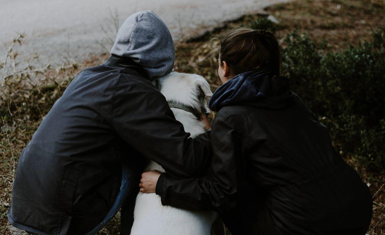 a couple holding their yellow Labrador retriever while looking out to sea
