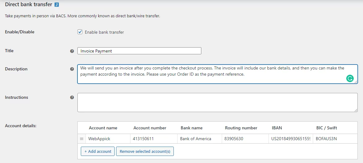 enable direct bank transfer