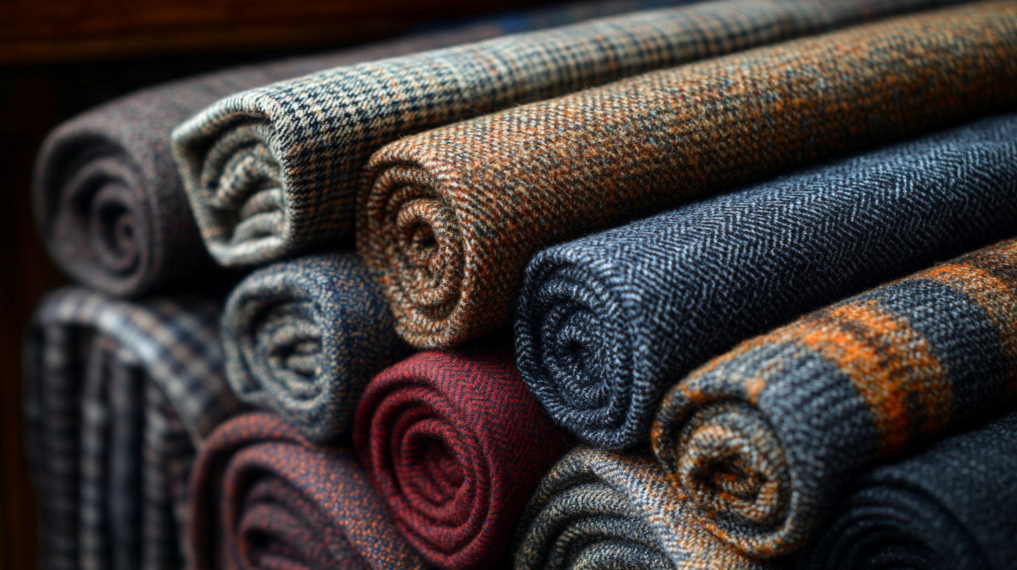 
An elegant display of various suit fabrics, including light linen and cotton for warm weather, and heavier wool, flannel, and tweed for cooler climates. Showcase textures, breathable natural fibers, and durable finishes like wool and gabardine. Present the fabrics in a sophisticated, professional manner with subtle details of stitching and smooth, wrinkle-resistant surfaces