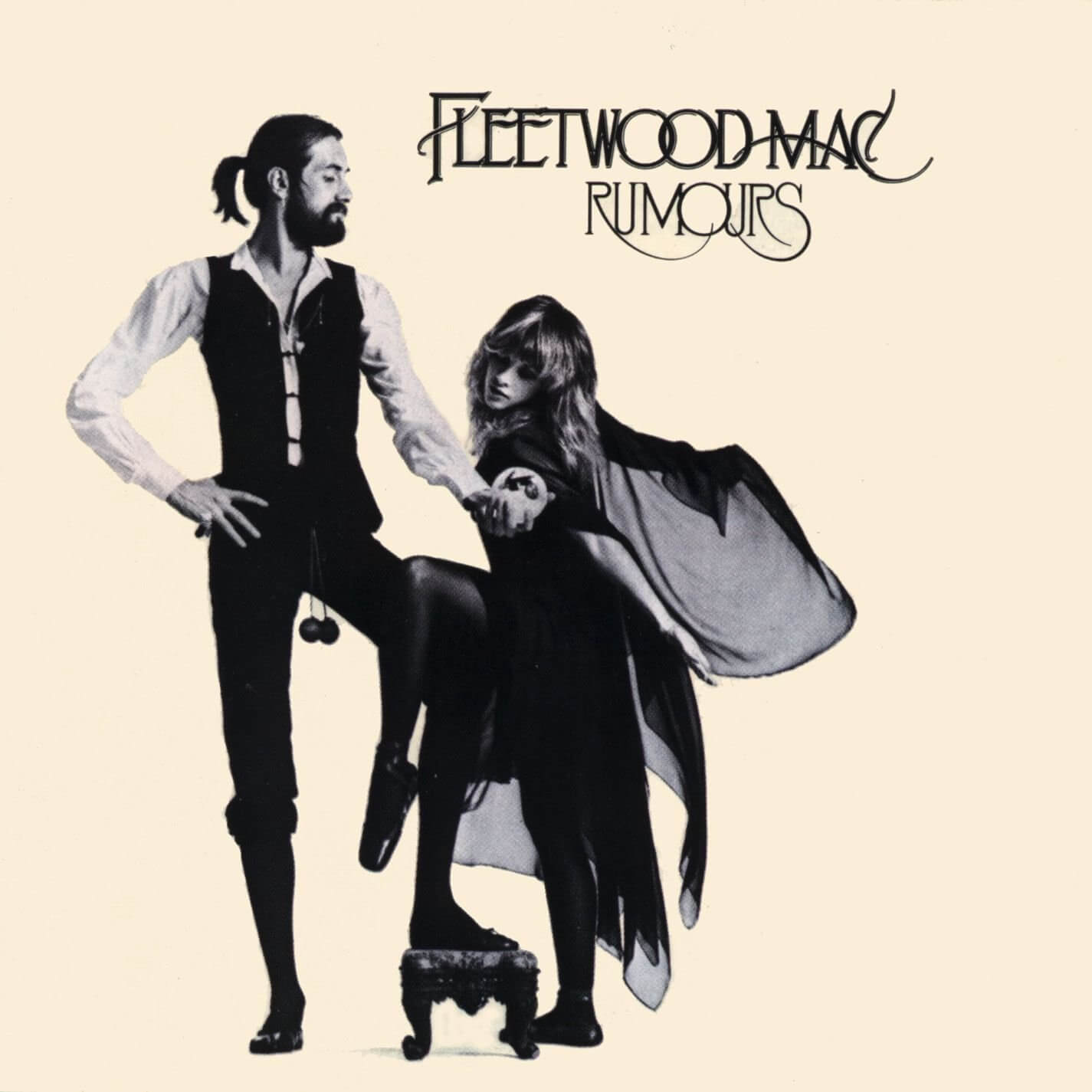 Fleetwood Mac's 'Rumours' album cover featuring Mick Fleetwood and Stevie Nicks in black-and-white, posing in theatrical outfits against a beige background.