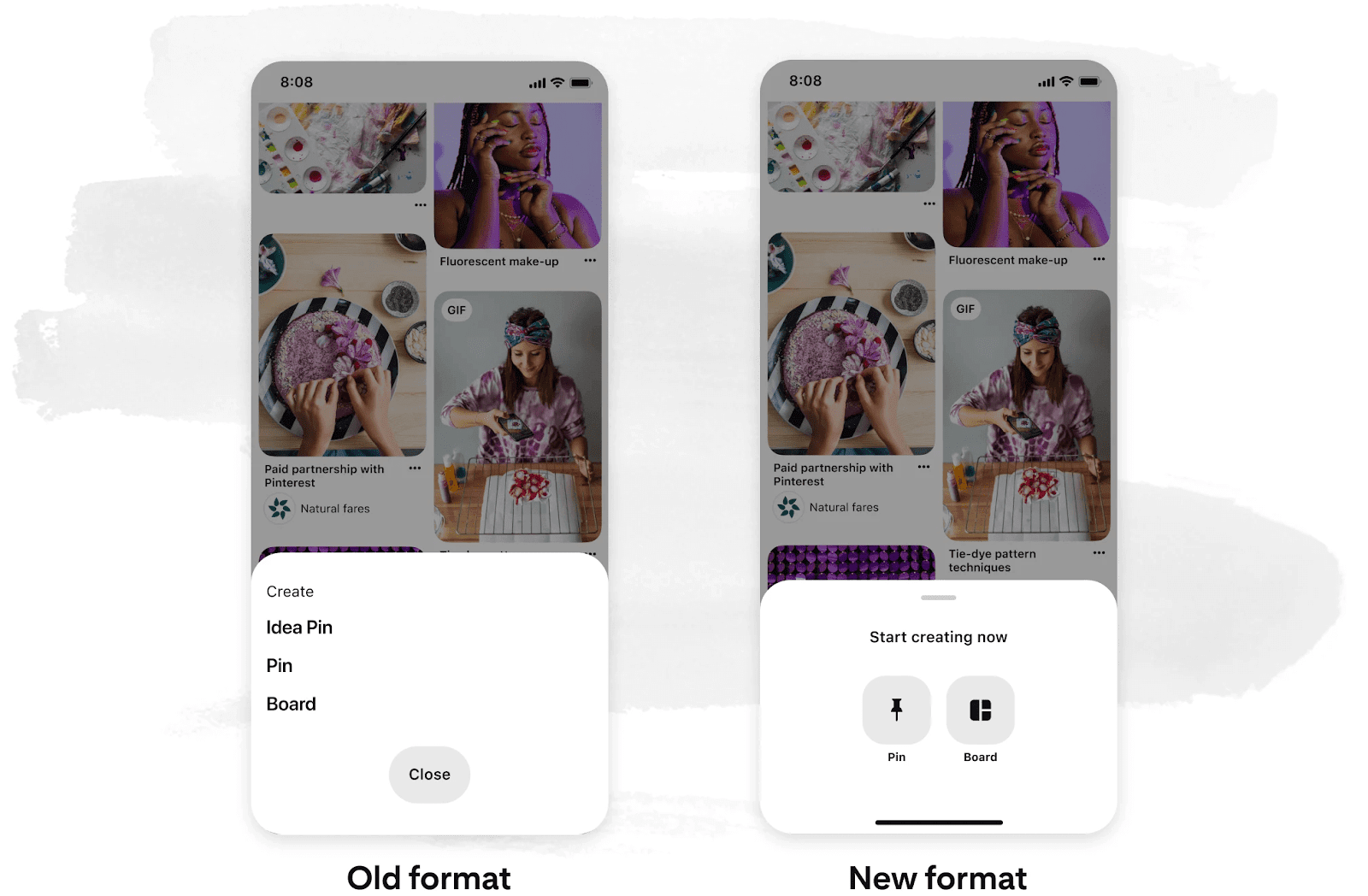 de-by-side comparison of Pinterest’s mobile interface showing the old and new formats for creating content. 