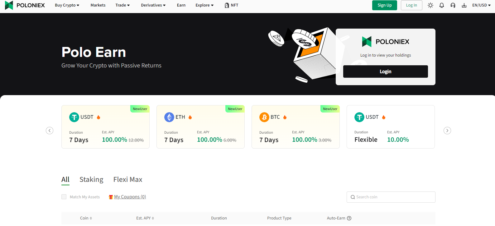 Poloniex's Polo Earn program offers flexible and fixed staking with robust security and APY ranging from 1% to 100%.