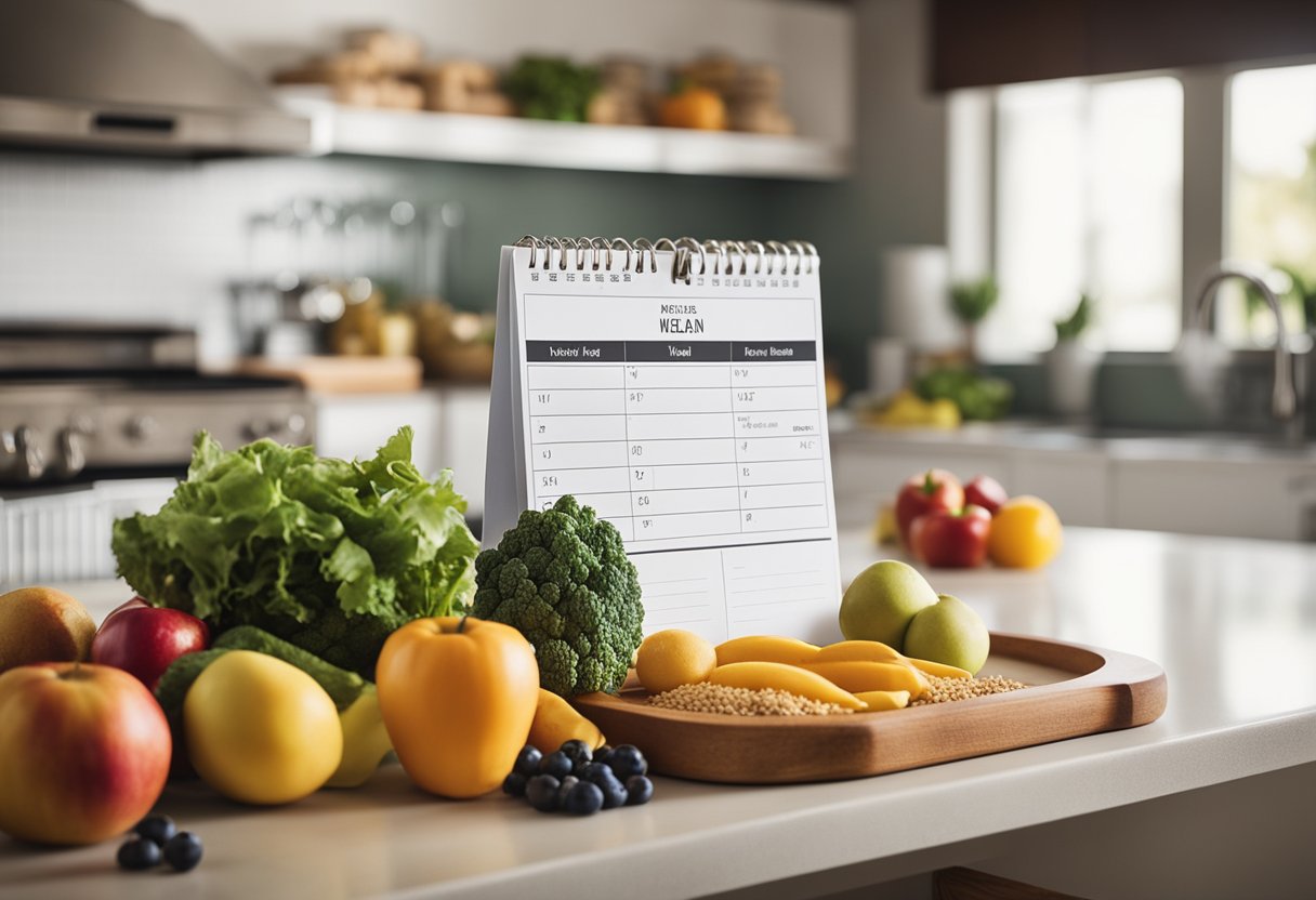 A kitchen counter with a weekly meal plan calendar, surrounded by fresh fruits, vegetables, and grains