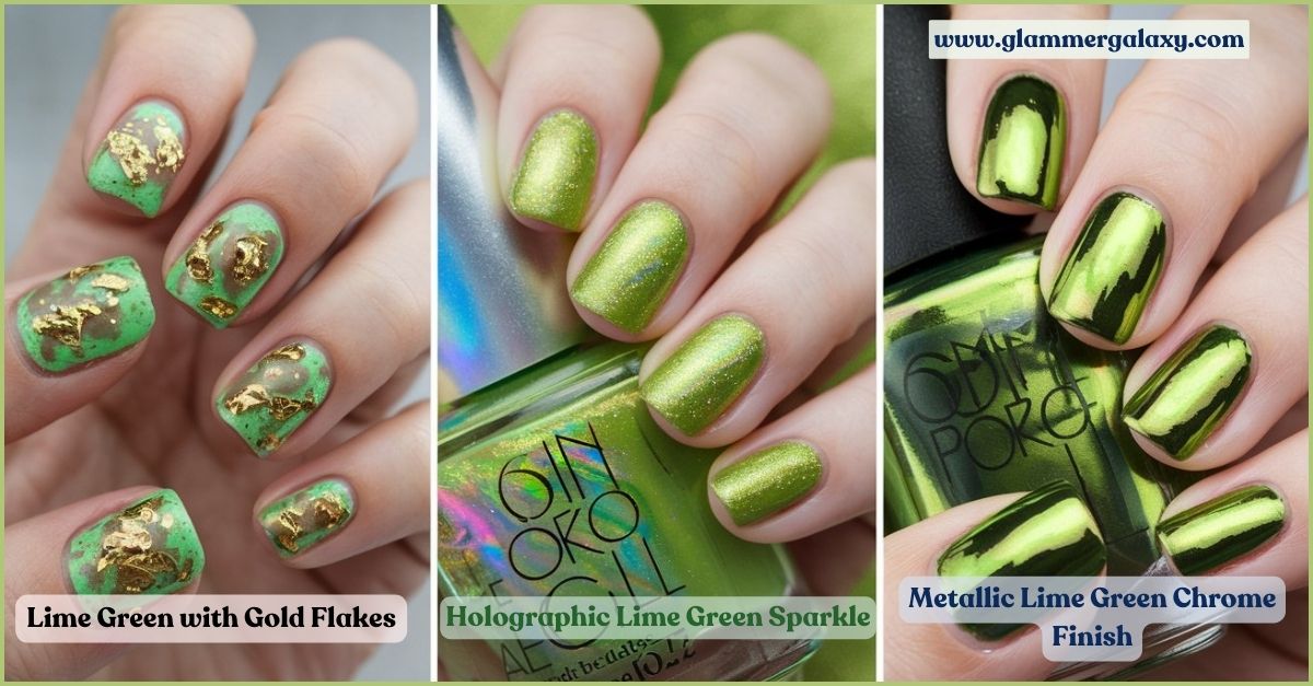 Lime green nail polish with gold flakes and chrome finish.