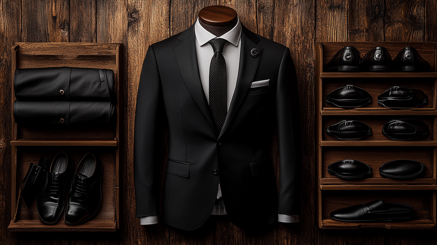 A well-tailored black suit, with a white dress shirt, black tie, and polished black shoes, arranged neatly on a textured wooden surface. The contrast between the sleek black fabric and the raw texture of the wood gives this elegant look a timeless and sophisticated vibe, perfect for formal weddings.