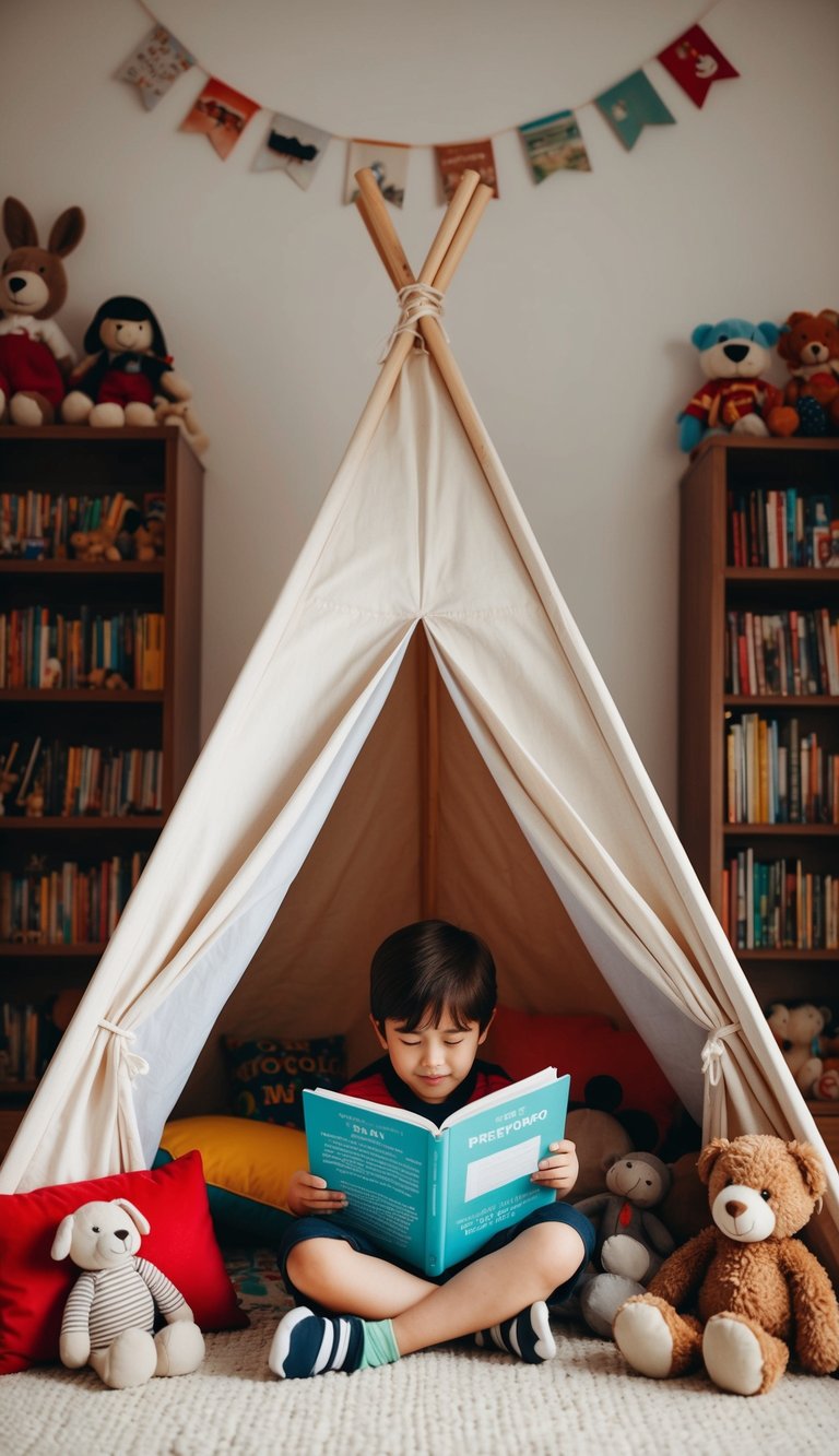 A cozy reading nook inside a tent in a kids' bedroom, surrounded by books and stuffed animals