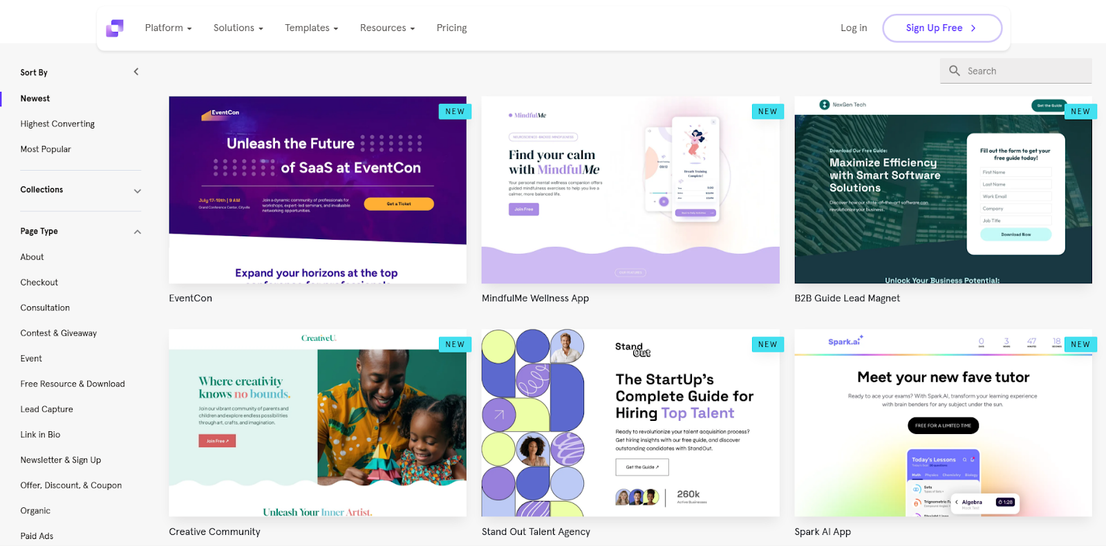 Leadpage webpage interface showing template previews