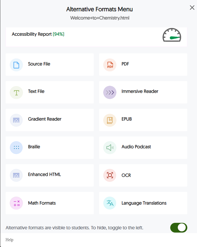 Panorama alternative formats menu.