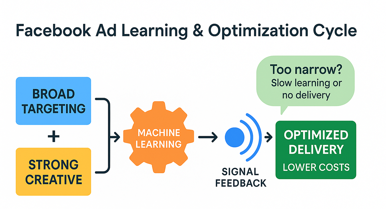 Flowchart showing how Facebook ad targeting and creative feed machine learning, resulting in optimized delivery and lower costs