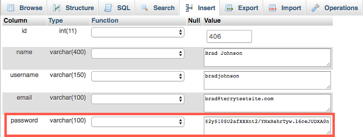 El campo de contraseña en phpMyAdmin.