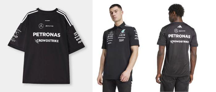 (A triptych of Mercedes F1 team apparel. Left, a black t-shirt with logos. Center, a man modeling a black polo shirt. Right, a man modeling a black t-shirt from the back.