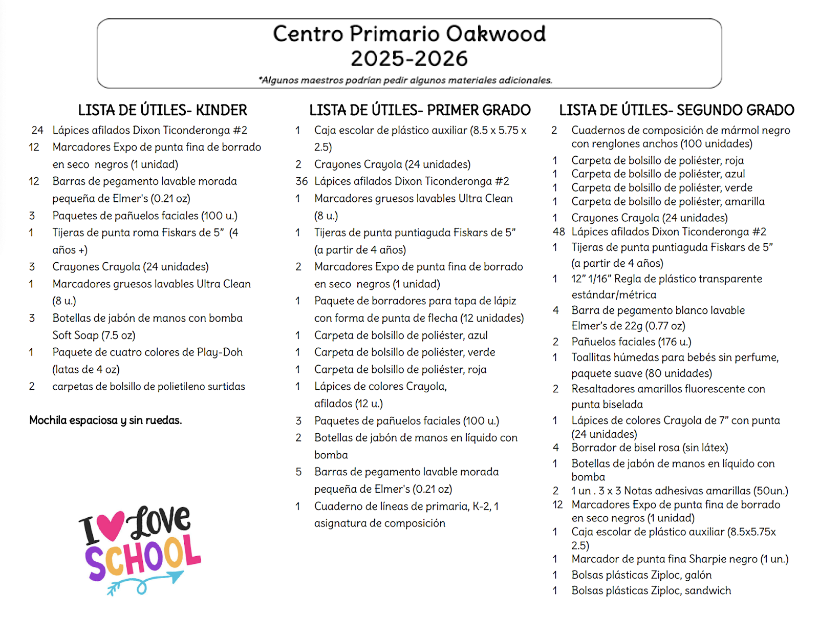 Oakwood school supply list in spanish