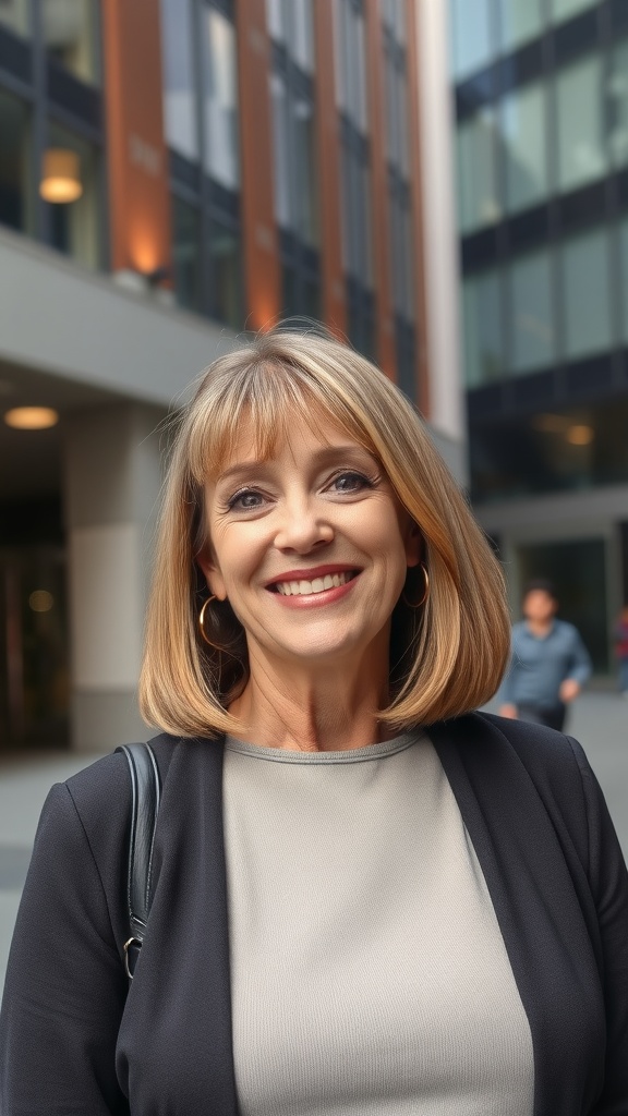 A woman with a sleek long lob hairstyle and side bangs, smiling in an urban setting.
