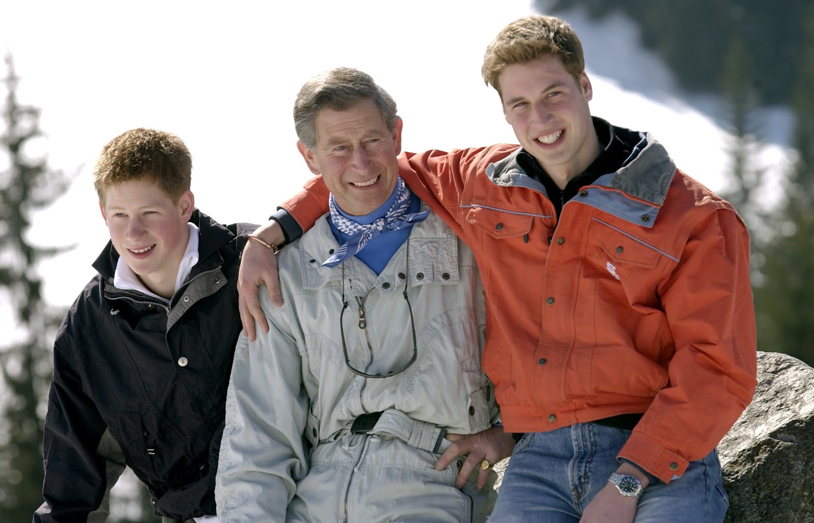 Prince Harry, King Charles III, and Prince William on their annual skiing holiday in 2002. | Source: Getty Images