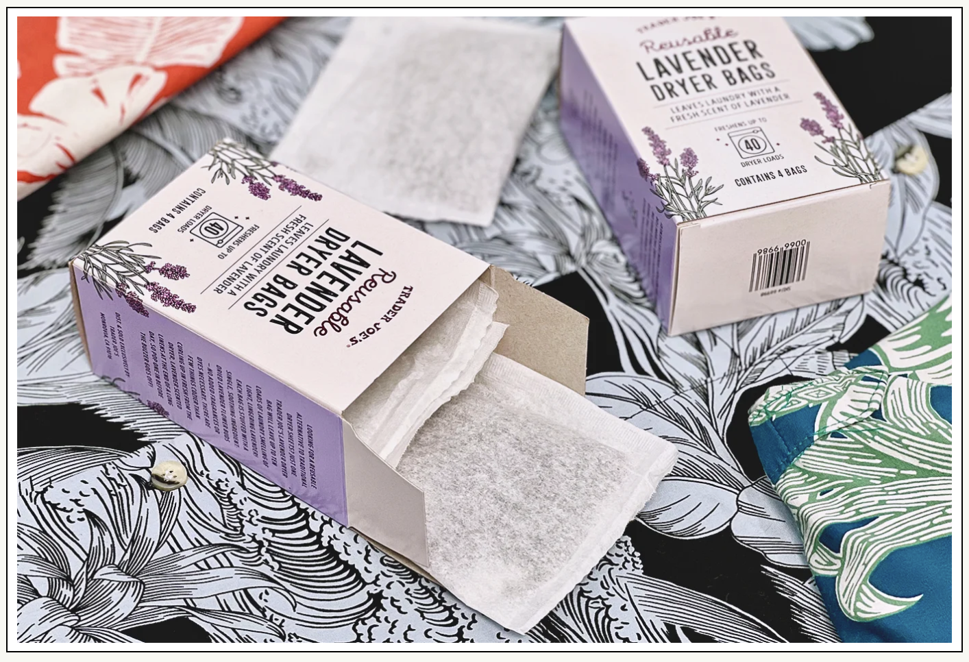 A set of Trader Joe’s Reusable Lavender Dryer Bags filled with dried lavender, offering a natural, fresh scent for laundry.