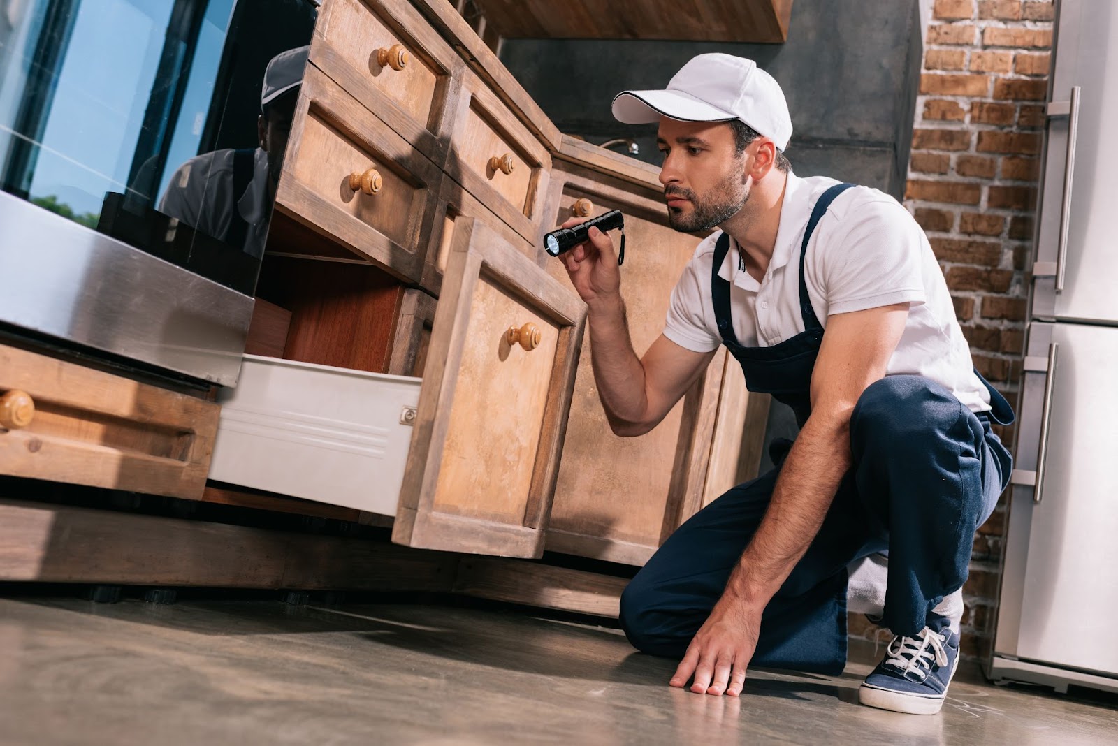 Pest control technician inspecting under kitchen cabinets with a flashlight.