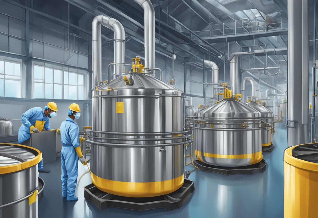 A factory in India produces 4-methylthio acetophenone, with workers in protective gear handling equipment and large vats of chemicals