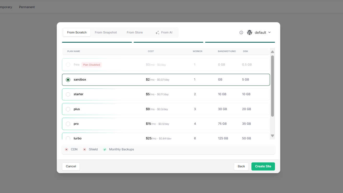 New InstaWP Site Plans in Dashboard 