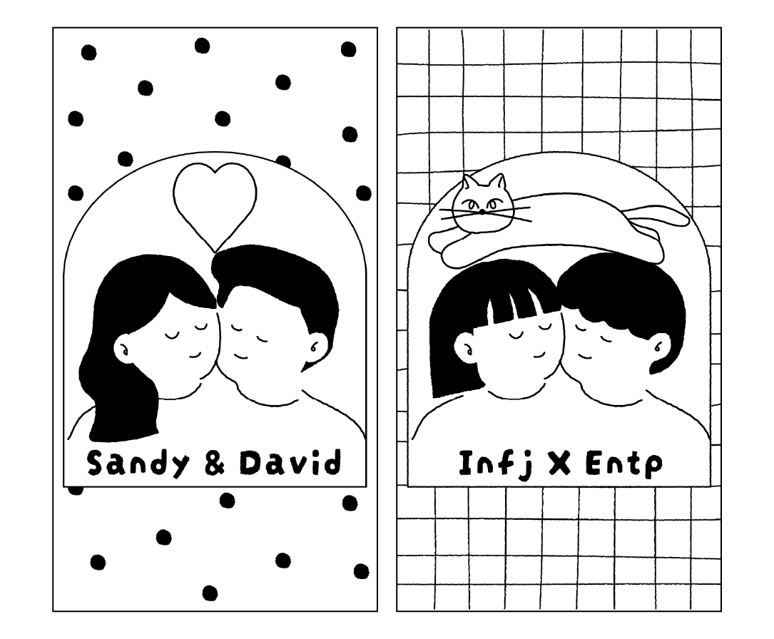 “A black-and-white minimalist illustration. On the left, a newlywed couple leaning close with a heart above them and the text ‘we got married’ below. On the right, two women kissing on the cheek with a bow and polka dots in the background, and the text ‘love you bae!’ below.”