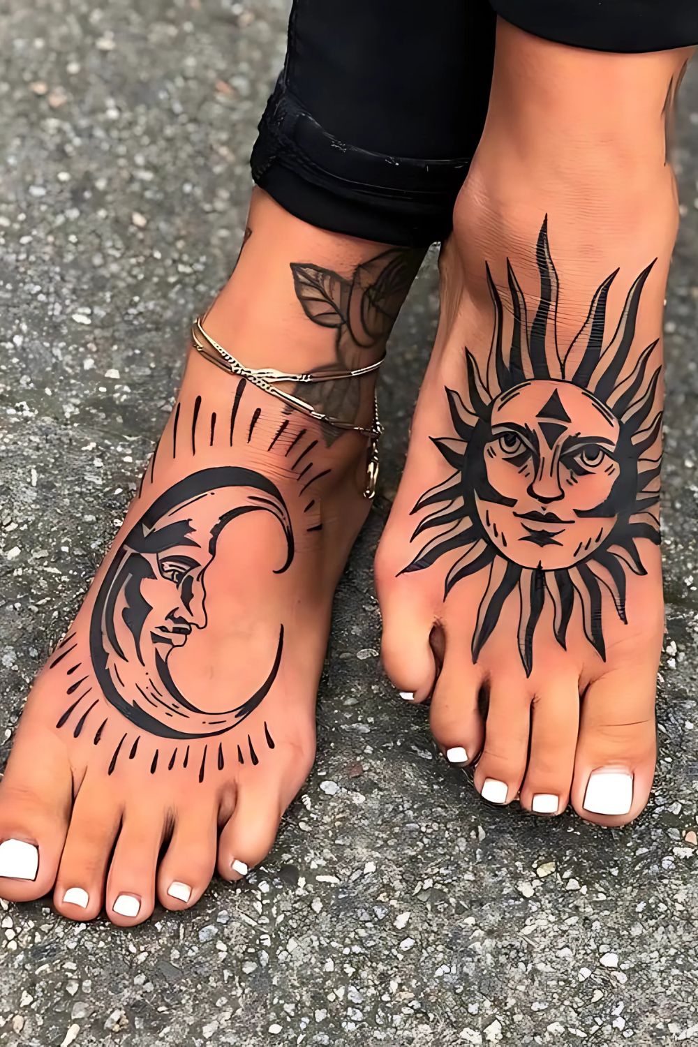 Sun and Moon Matching Foot Tattoos