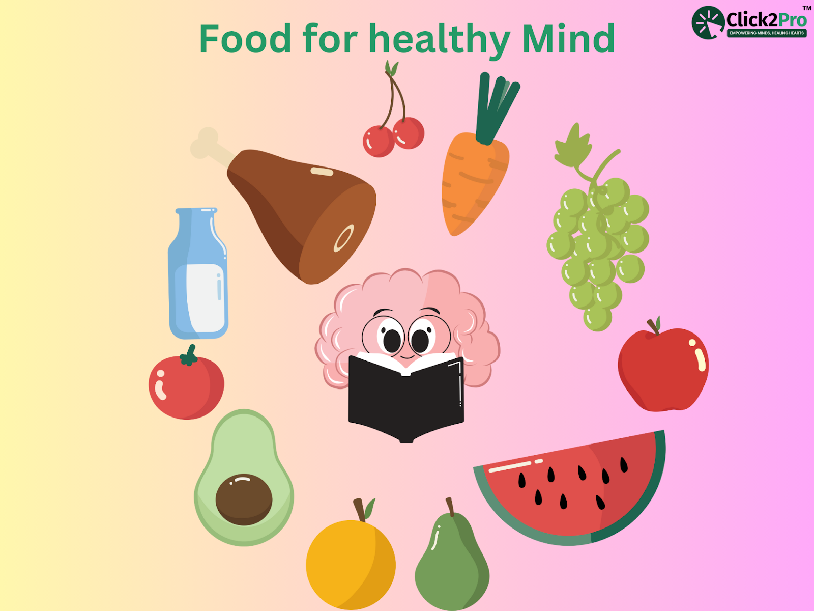 Healthy foods for a strong mind, including fruits, vegetables, and dairy, promoting mental well-being.