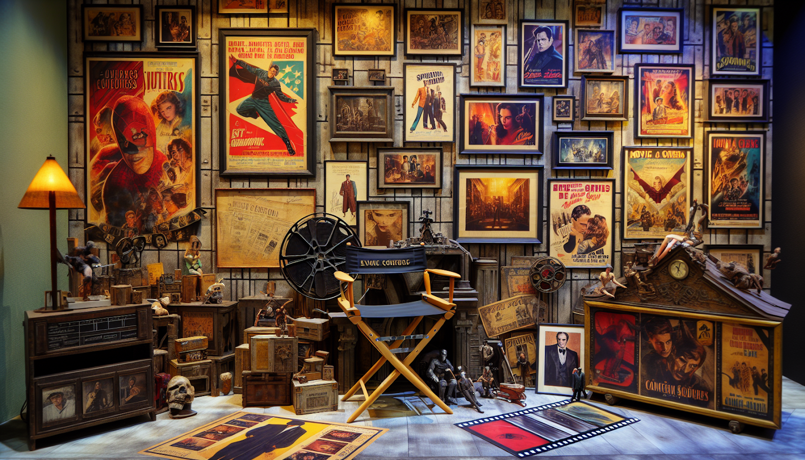 A colorful illustration of various movie memorabilia items including posters and props.