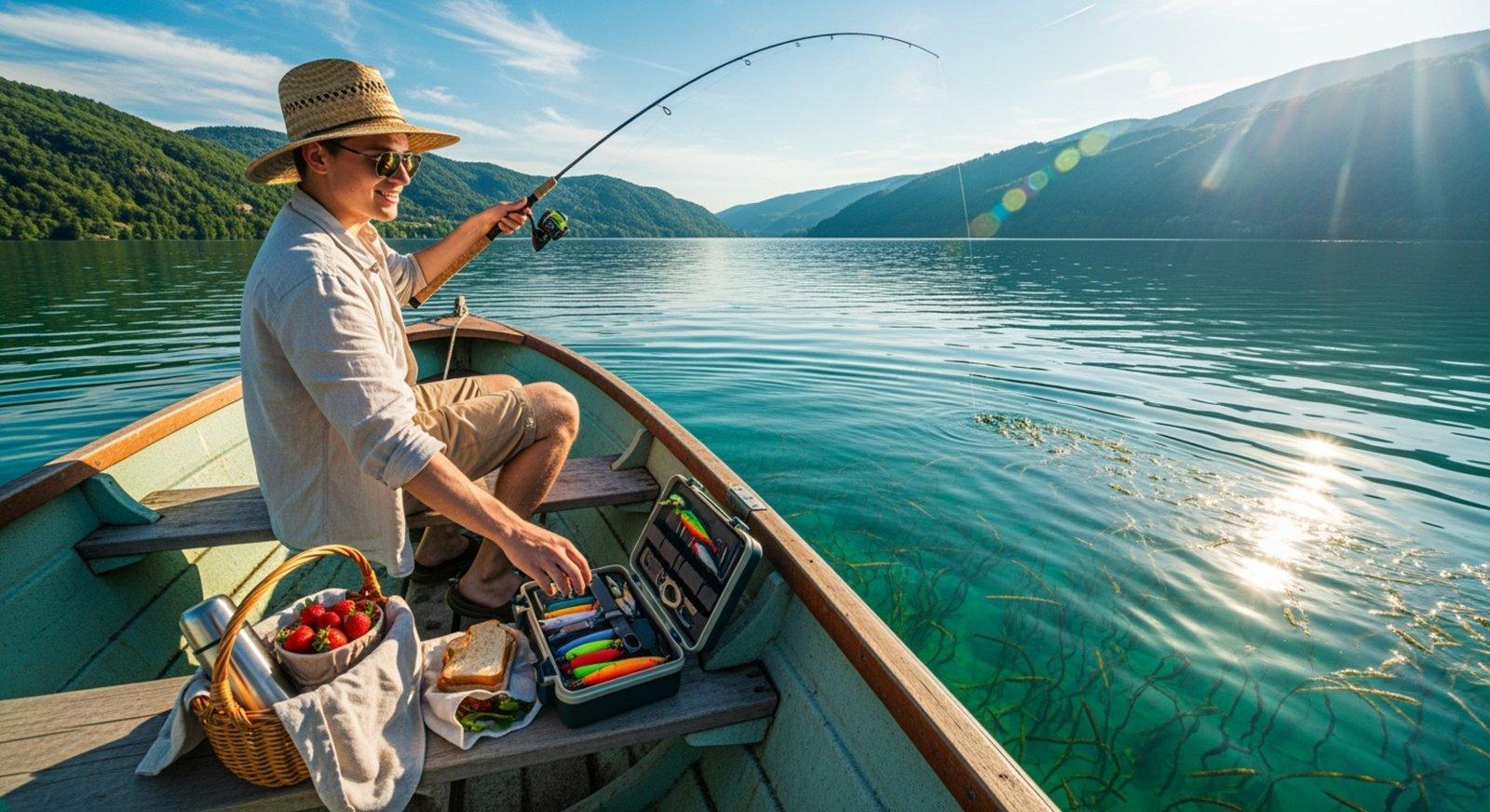 Une personne s'adonne à la pêche sur un bateau sur un lac ensoleillé, portant des lunettes de soleil polarisées qui soulignent la clarté et la détente.