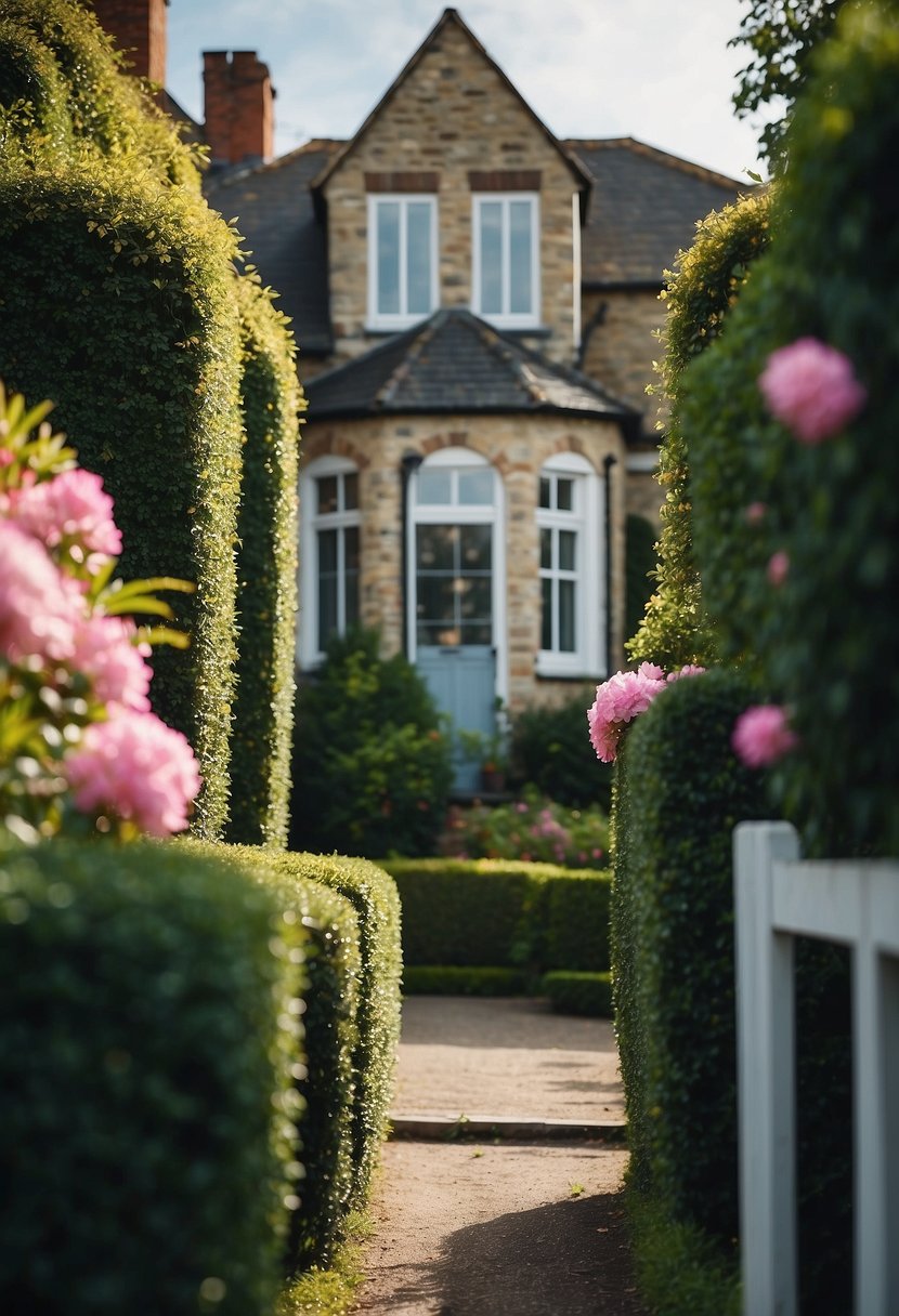 A colorful array of fragrant hedges line the front of a charming house, creating a welcoming and vibrant landscape