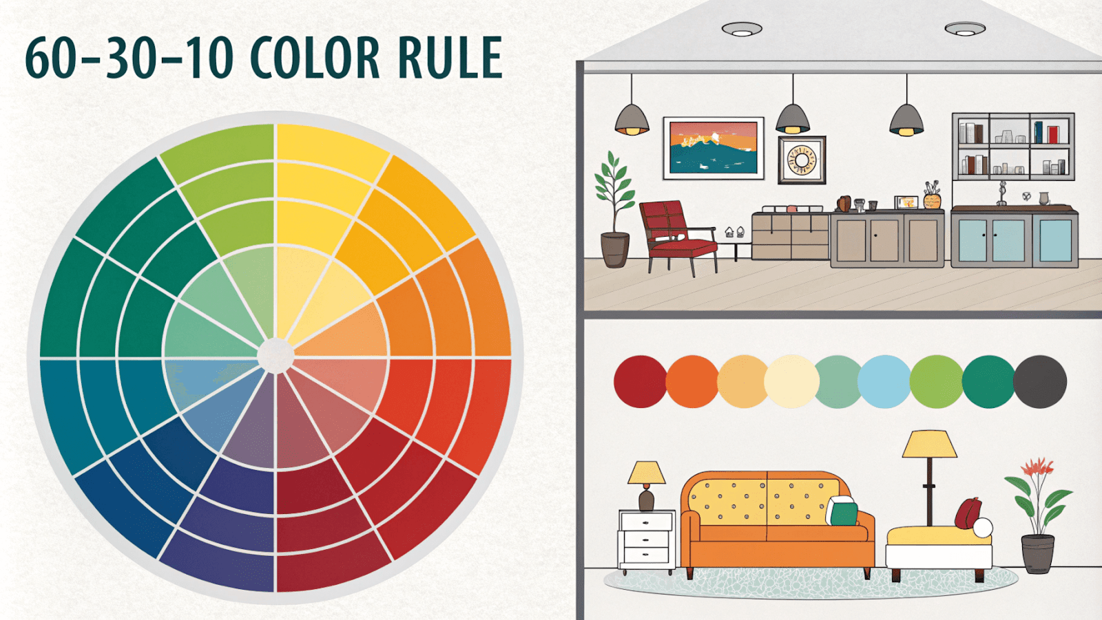 Infographic-style image showing:

The 60-30-10 color rule with visual examples