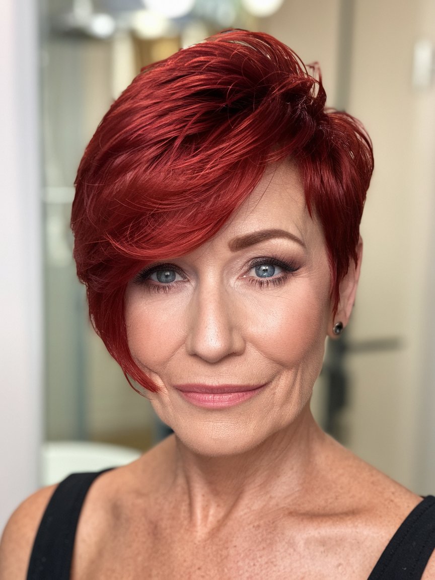 40. Bold Red Asymmetrical Pixie Cut