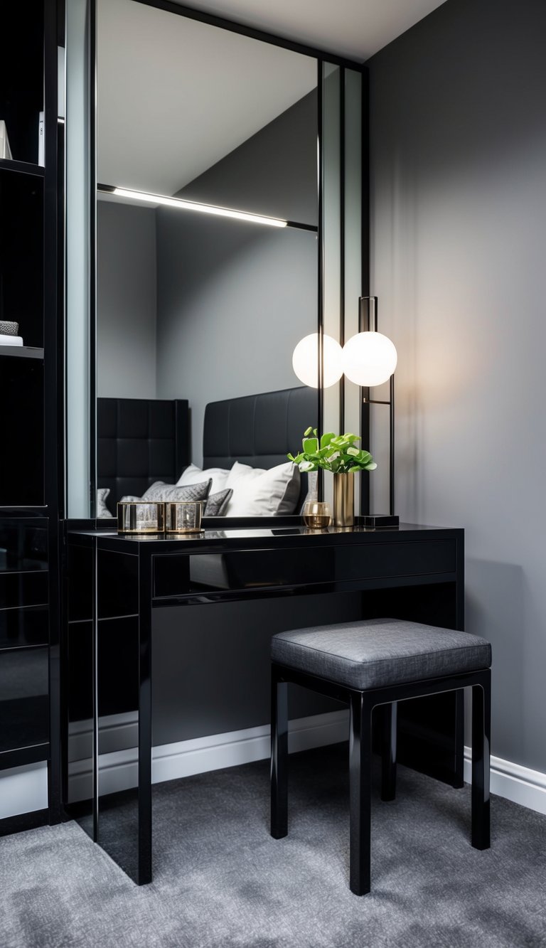 A graphite black dressing table in a black and gray bedroom, with sleek lines and minimalistic decor