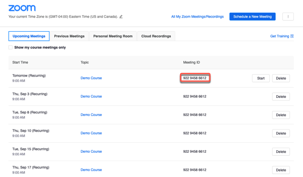 This image shows the Zoom meeting window with Zoom meetings created and listed. There is box around the Zoom meeting ID. 