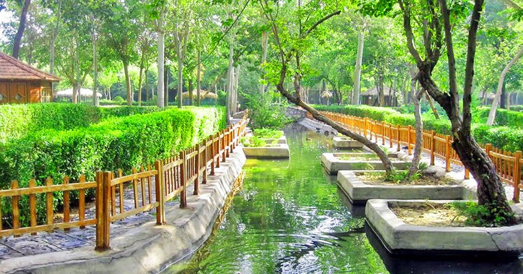 Serene view of Vakilabad Park in Mashhad, Iran, featuring a peaceful waterway surrounded by manicured greenery, wooden fences, and lush trees, providing a tranquil escape in nature.