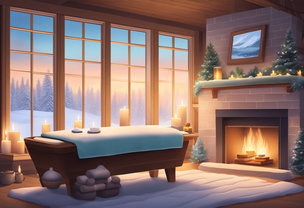 A cozy spa room with a crackling fireplace, soft lighting, and a massage table surrounded by winter-themed decor and soothing aromatherapy