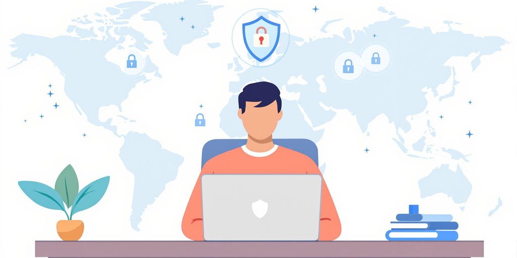 Person using VPN on laptop with security icons.