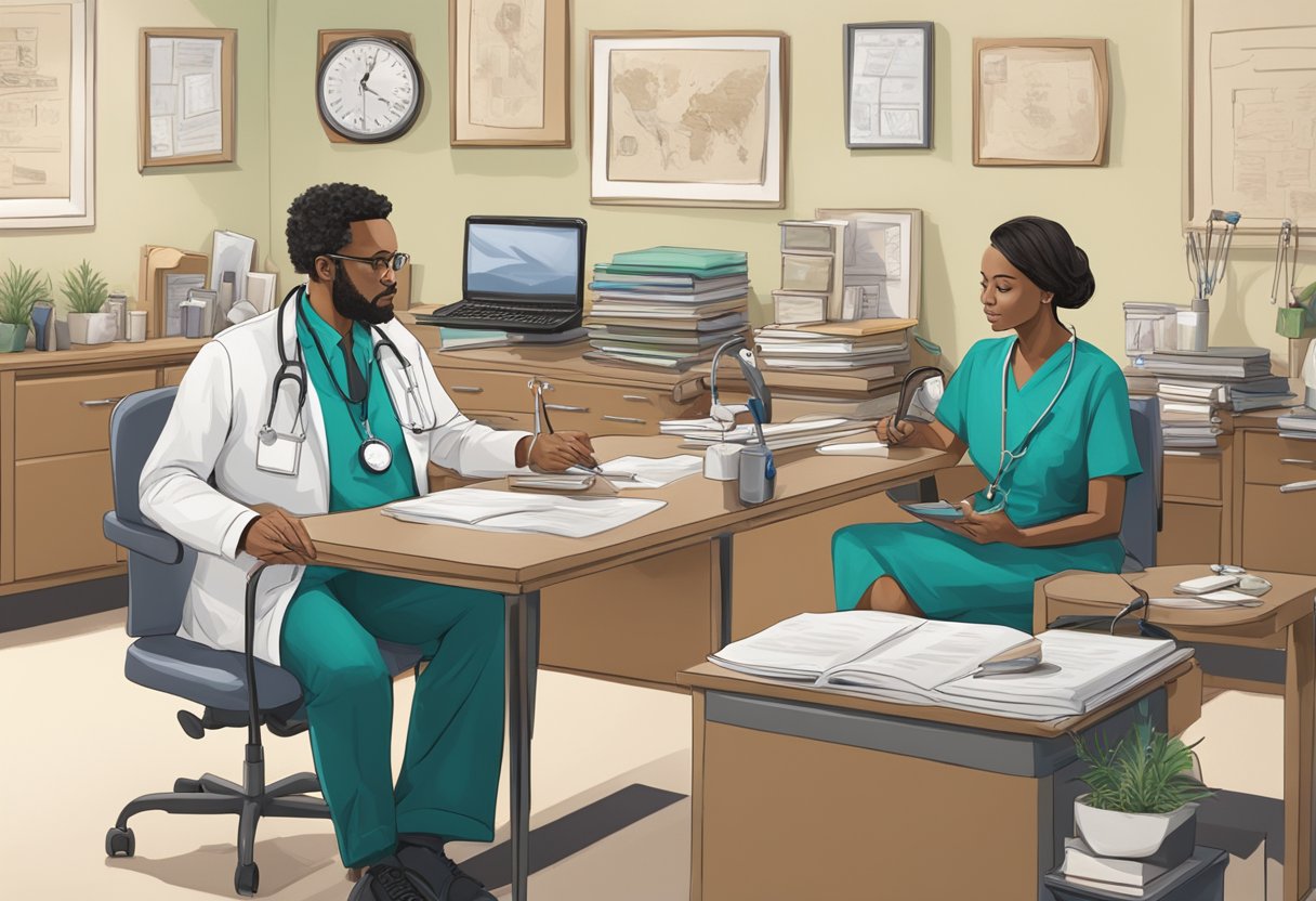 A psychiatrist and a nurse practitioner sitting at desks, each with a stethoscope and medical tools, but the psychiatrist has a diploma on the wall