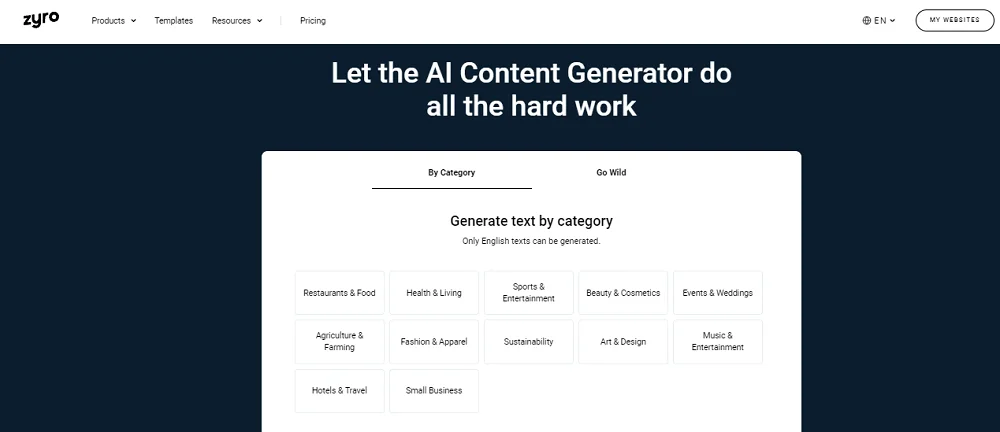 Web viết content miễn phí Zyro