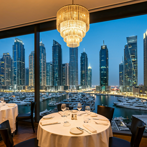 An elegant restaurant with white tablecloths and chandeliers, overlooking the Dubai Marina.