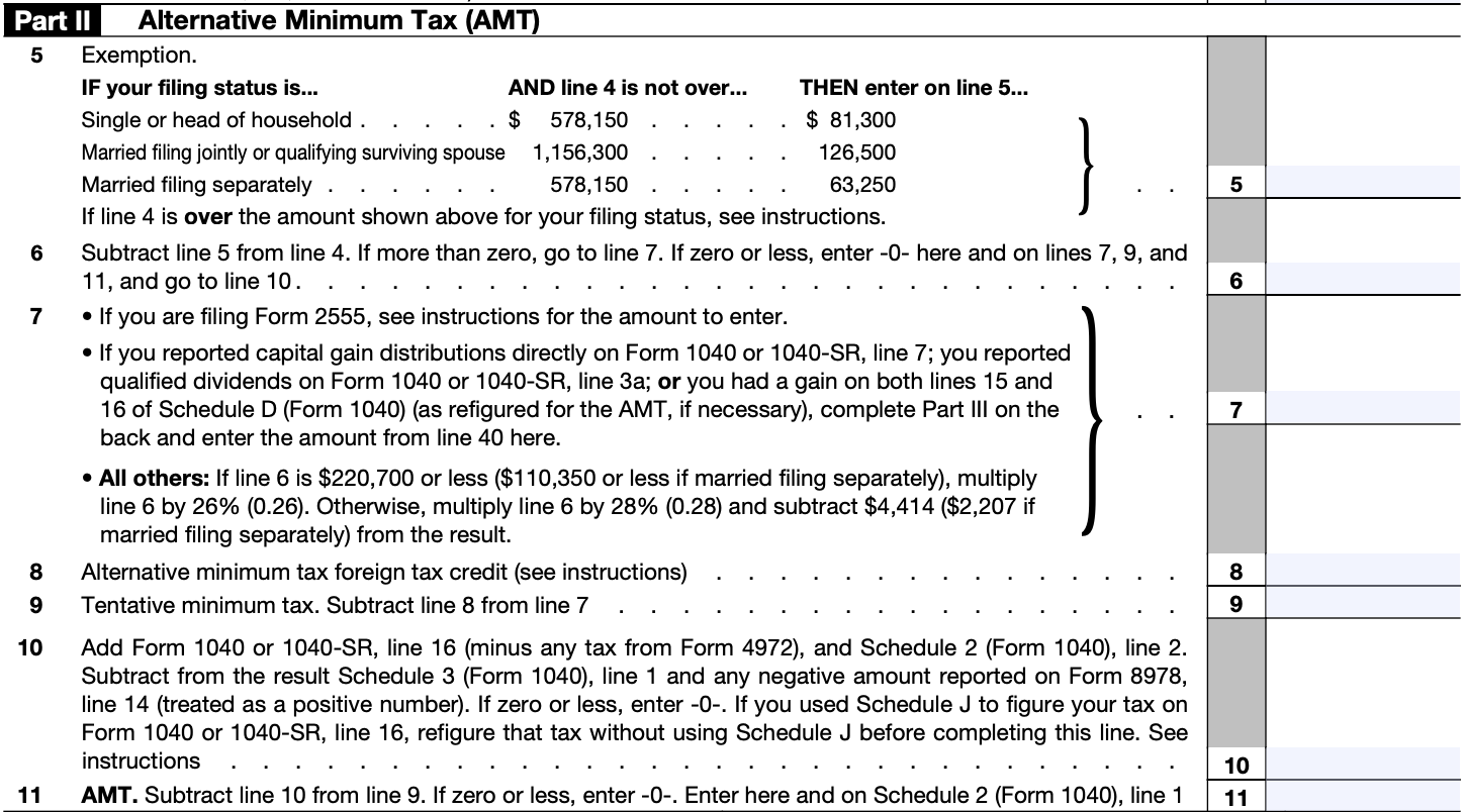 A screenshot of Part II of Form 6521 — Alternative Minimum Tax.