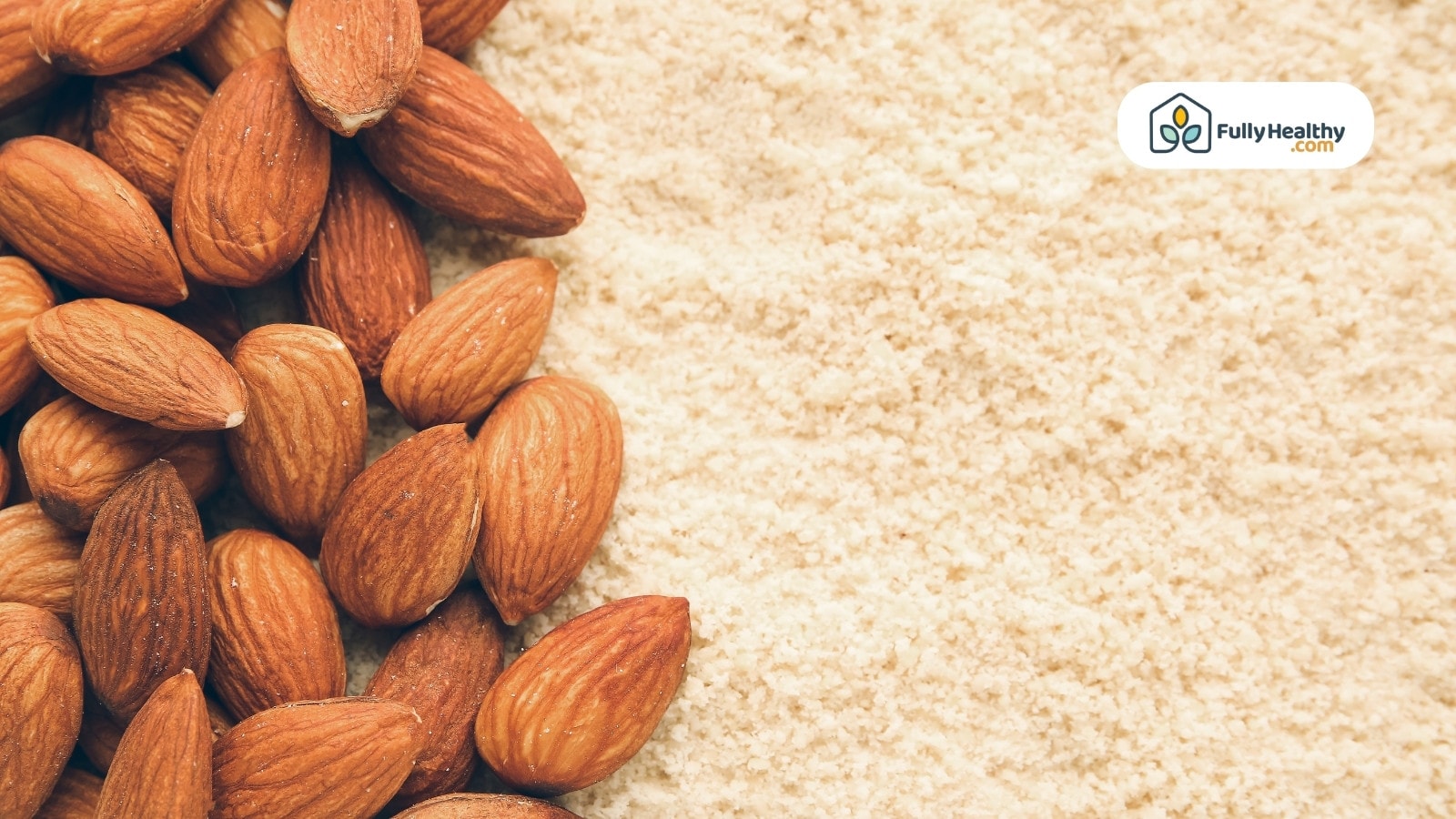Almonds on almond flour background, close-up view