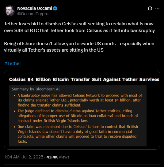 Judge Approves Celsius B Lawsuit Against Tether