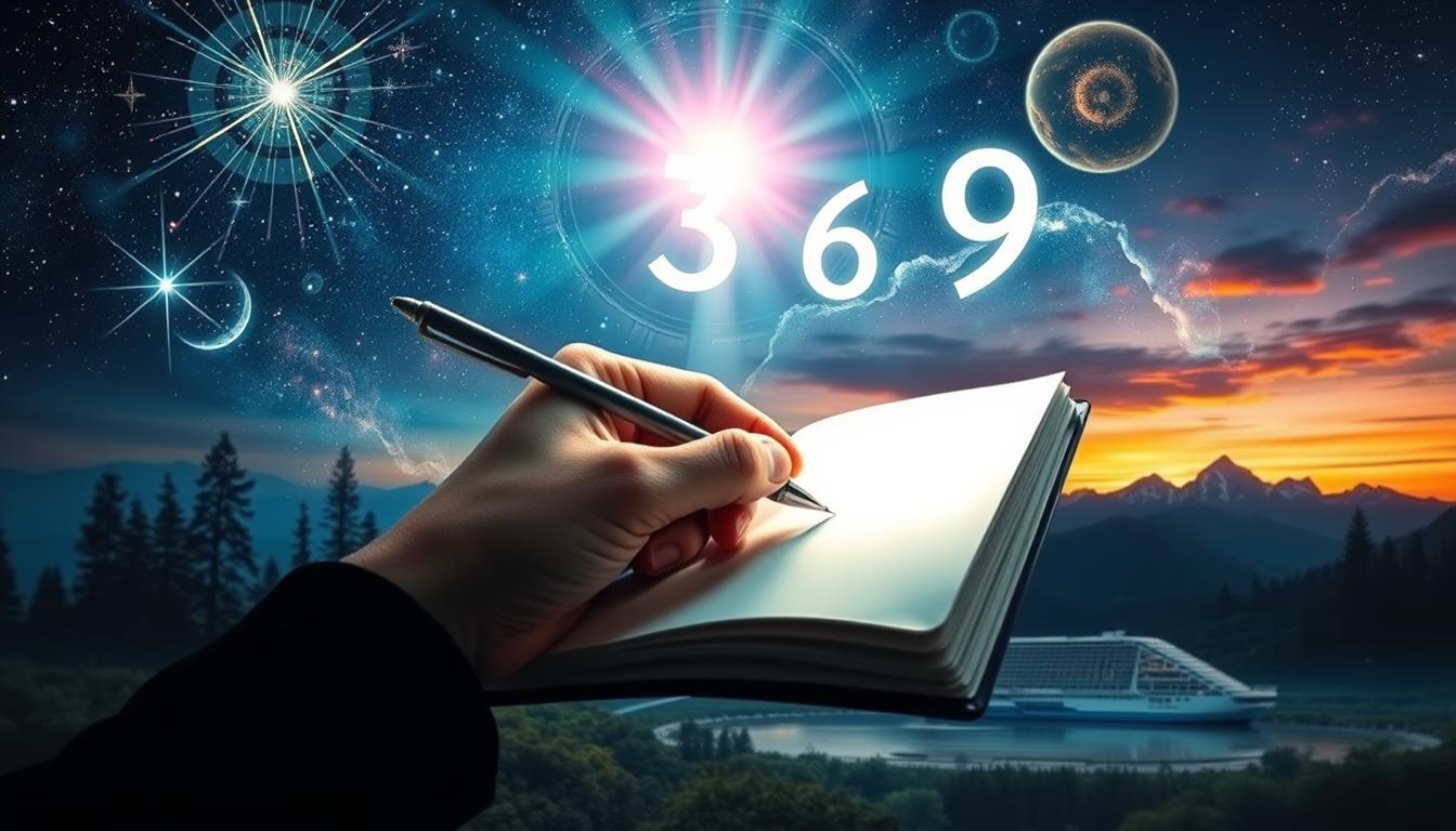 An image of a hand holding a pen, surrounded by symbols of the universe and nature, representing the power of writing and manifestation. The hand should be writing the numbers 3, 6, and 9 in a notebook, with rays of light emerging from the pen and illuminating the page. In the background, there should be images of stars, galaxies, trees, mountains, and oceans, symbolizing the connection between our inner world and the wider universe. The overall feel should be inspiring and uplifting, conveying the message that we have the power to manifest our dreams through focused intention and alignment with the natural rhythms of life.