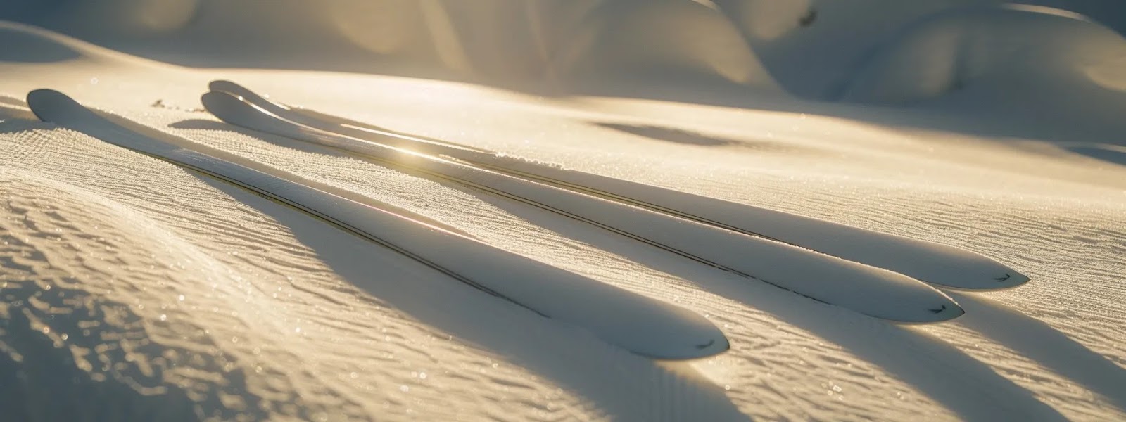 a pair of sleek, perfectly-sized skis resting on soft powdery snow, ready for a beginner skier to hit the slopes.