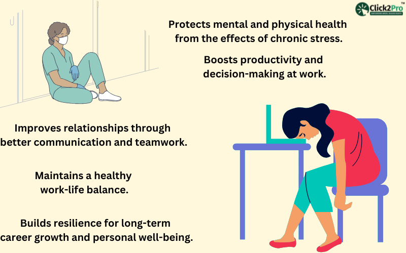 A stressed woman sitting on the floor and another leaning on a desk, highlighting work anxiety effects.